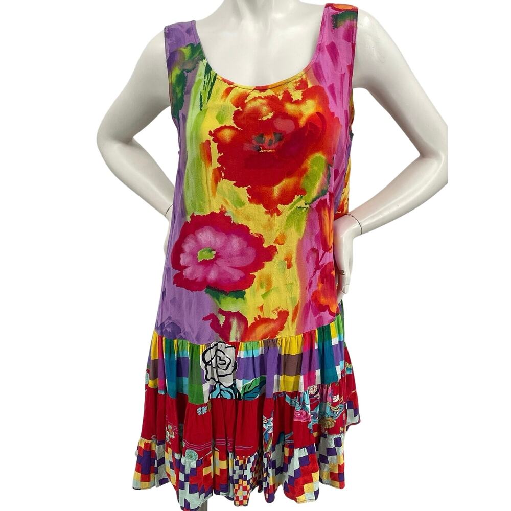 Jams World Women Watercolor Floral Artsy Vibrant Tiered Drop Waist Dress Multi L